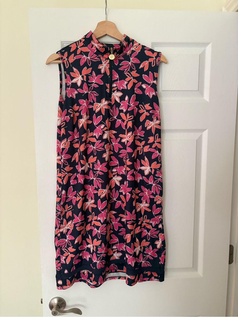 STELLA PARKER Navy Hot Pink Orange Floral Sleeveless Mock Golf Dress